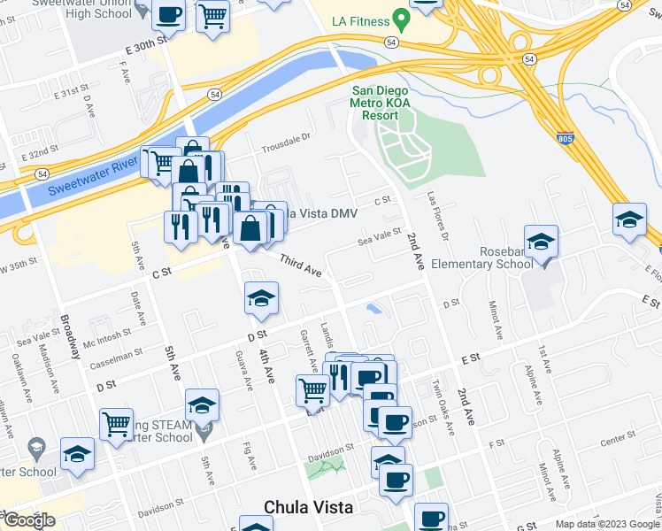 map of restaurants, bars, coffee shops, grocery stores, and more near 53 Sea Vale Street in Chula Vista