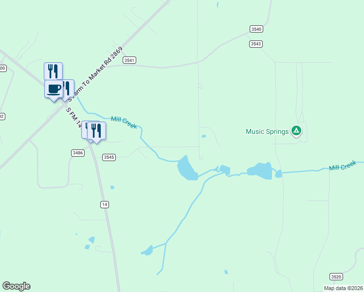 map of restaurants, bars, coffee shops, grocery stores, and more near County Road 3545 in Hawkins