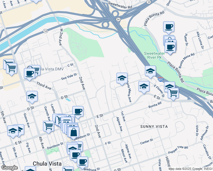 map of restaurants, bars, coffee shops, grocery stores, and more near 105 Minot Avenue in Chula Vista