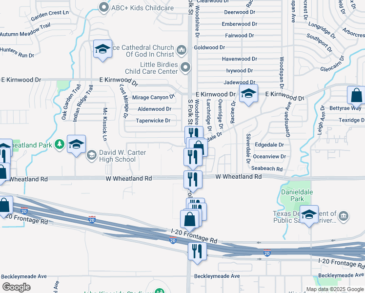 map of restaurants, bars, coffee shops, grocery stores, and more near 1136 Cleardale Drive in Dallas