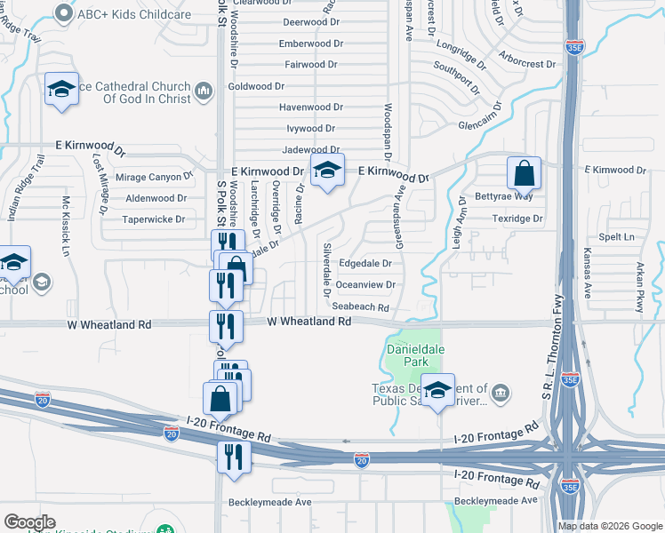 map of restaurants, bars, coffee shops, grocery stores, and more near 8006 Silverdale Drive in Dallas