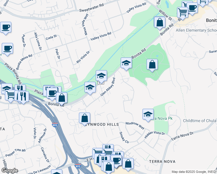 map of restaurants, bars, coffee shops, grocery stores, and more near 3434 Bonita Road in Chula Vista