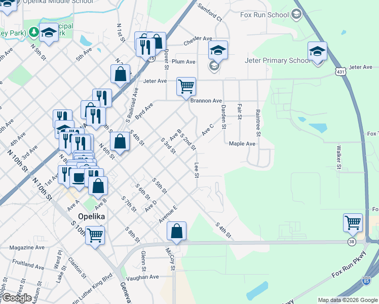 map of restaurants, bars, coffee shops, grocery stores, and more near in Opelika
