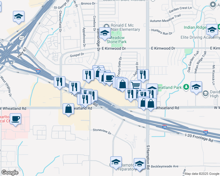 map of restaurants, bars, coffee shops, grocery stores, and more near 39739 Lyndon B Johnson Freeway in Dallas