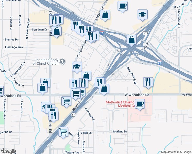 map of restaurants, bars, coffee shops, grocery stores, and more near 8081 Marvin D. Love Freeway in Dallas