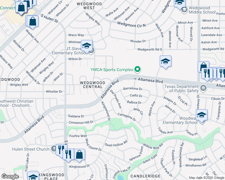 map of restaurants, bars, coffee shops, grocery stores, and more near 6605 Del Prado Avenue in Fort Worth