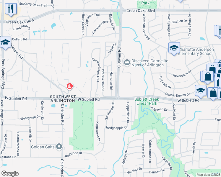 map of restaurants, bars, coffee shops, grocery stores, and more near 821 Queen Elizabeth in Arlington