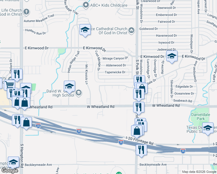map of restaurants, bars, coffee shops, grocery stores, and more near 1323 Cleardale Drive in Dallas