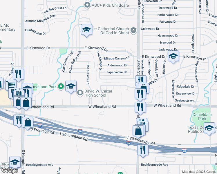 map of restaurants, bars, coffee shops, grocery stores, and more near 1320 Cleardale Drive in Dallas