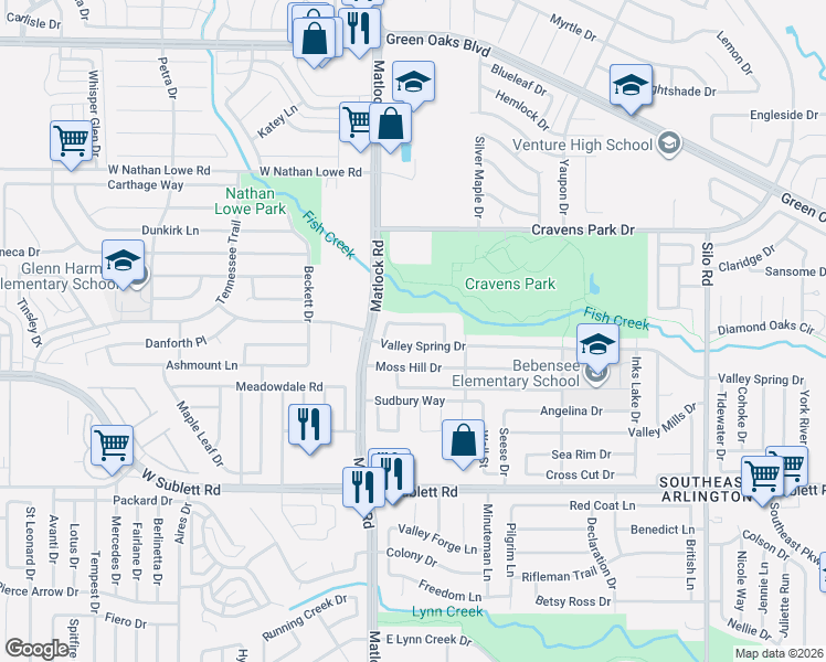 map of restaurants, bars, coffee shops, grocery stores, and more near 209 Caprock Drive in Arlington