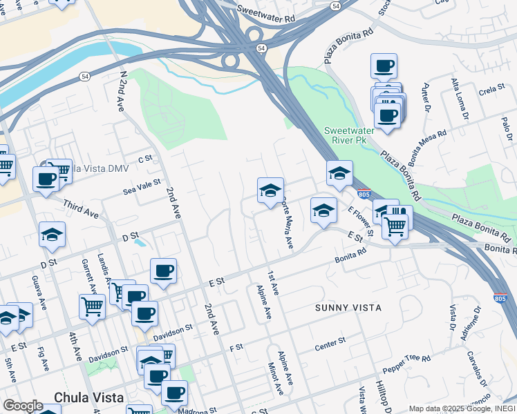 map of restaurants, bars, coffee shops, grocery stores, and more near 91 Flower Street in Chula Vista