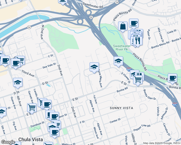 map of restaurants, bars, coffee shops, grocery stores, and more near 91 Flower St in Chula Vista