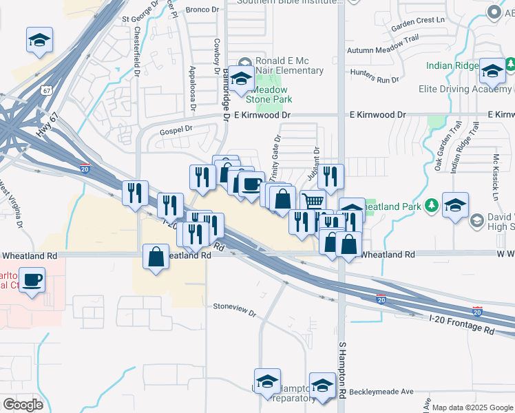 map of restaurants, bars, coffee shops, grocery stores, and more near 39739 Lyndon B Johnson Freeway in Dallas