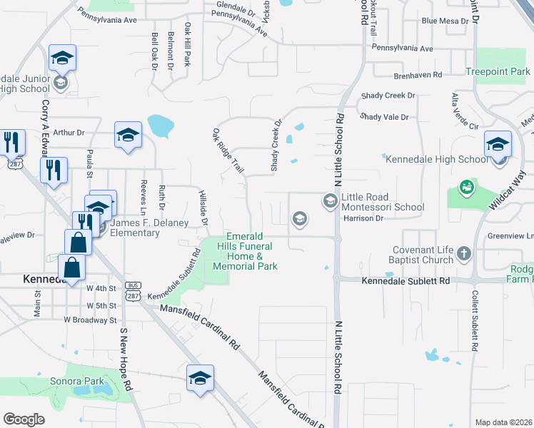 map of restaurants, bars, coffee shops, grocery stores, and more near 113 Peachtree Court in Kennedale