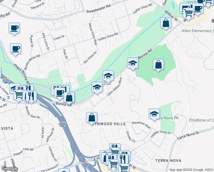 map of restaurants, bars, coffee shops, grocery stores, and more near 3369 Cordelle Lane in Chula Vista