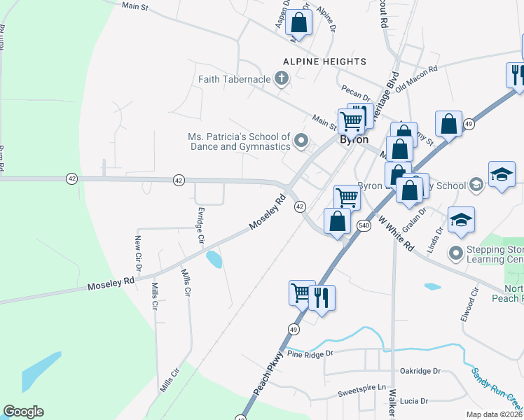 map of restaurants, bars, coffee shops, grocery stores, and more near 109 State Route 42 in Byron