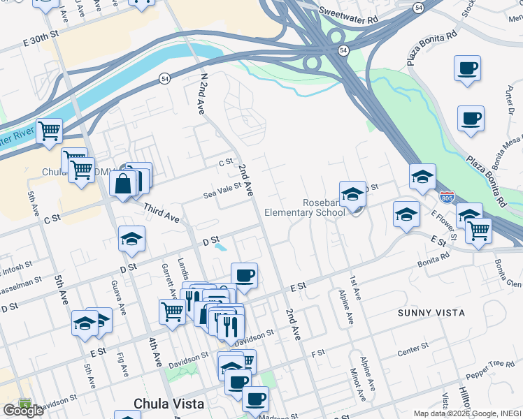 map of restaurants, bars, coffee shops, grocery stores, and more near 66 Las Flores Drive in Chula Vista