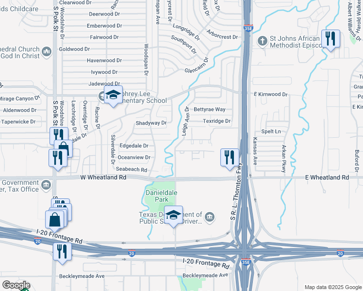 map of restaurants, bars, coffee shops, grocery stores, and more near 7900 Leigh Ann Drive in Dallas