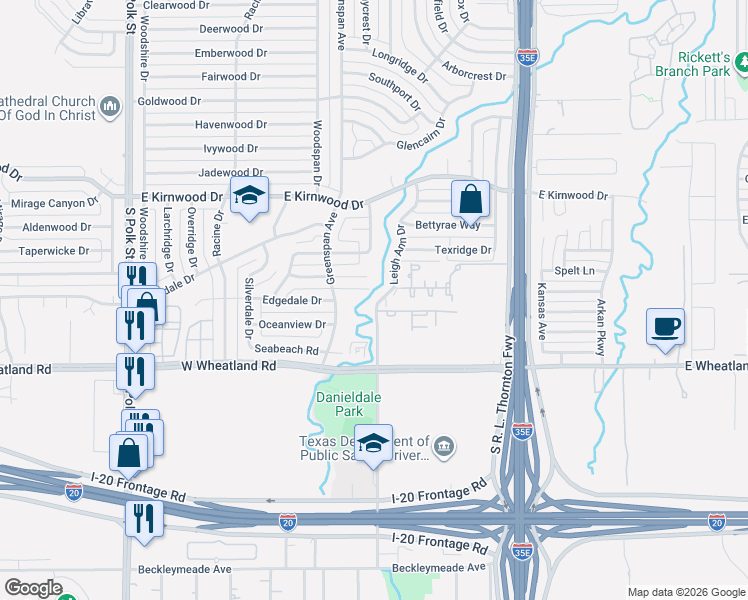 map of restaurants, bars, coffee shops, grocery stores, and more near 7900 Leigh Ann Drive in Dallas