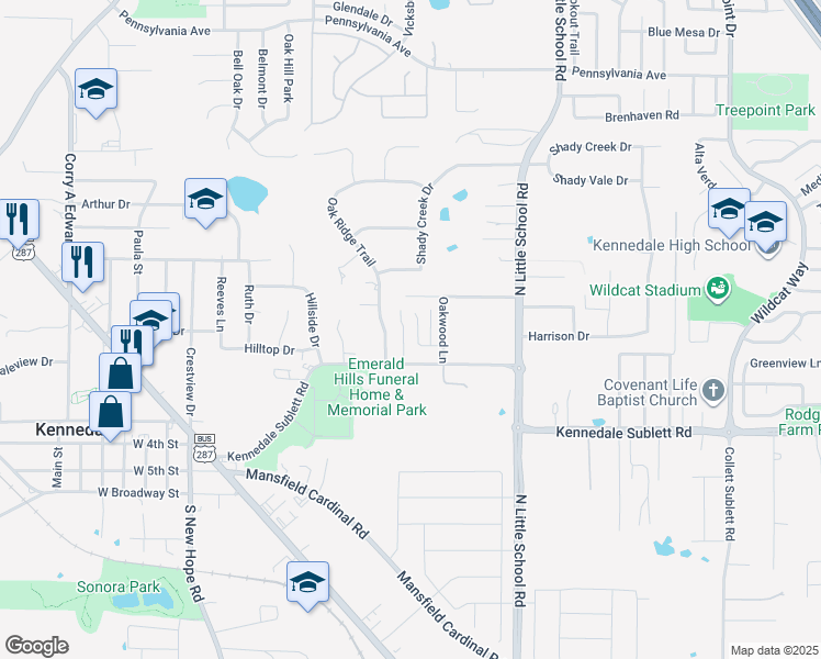 map of restaurants, bars, coffee shops, grocery stores, and more near 106 Oak Ridge Trail in Kennedale