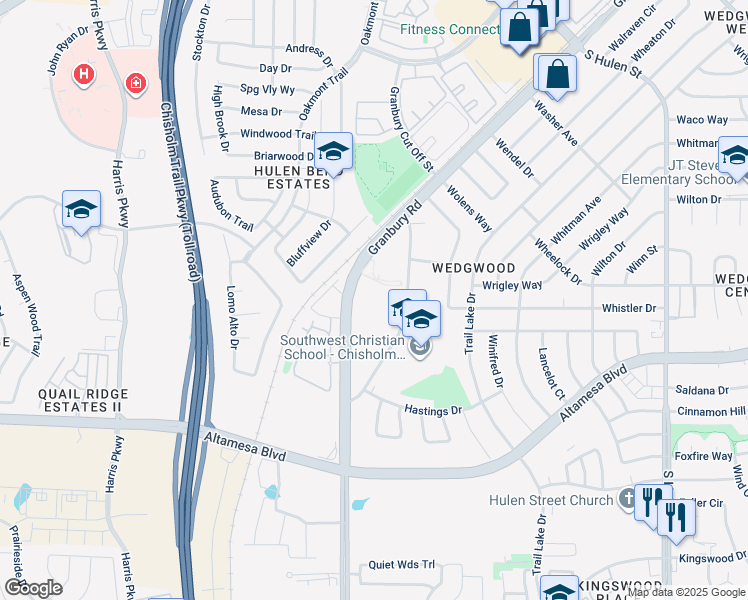 map of restaurants, bars, coffee shops, grocery stores, and more near 6799 Granbury Road in Fort Worth