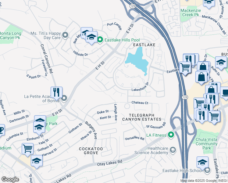 map of restaurants, bars, coffee shops, grocery stores, and more near 805 Woodspring Drive in Chula Vista