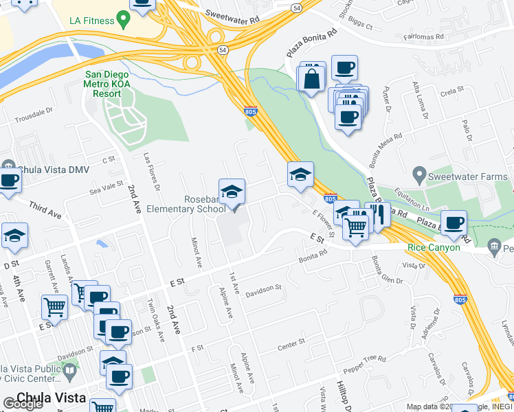 map of restaurants, bars, coffee shops, grocery stores, and more near 130 Marigold Place in Chula Vista