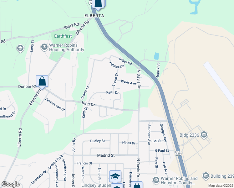 map of restaurants, bars, coffee shops, grocery stores, and more near 304 Keith Drive in Warner Robins