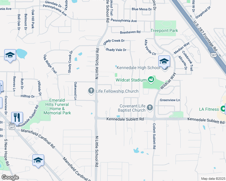 map of restaurants, bars, coffee shops, grocery stores, and more near 807 Warwick Court in Kennedale