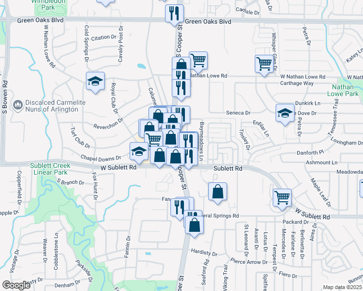 map of restaurants, bars, coffee shops, grocery stores, and more near 5901 S Cooper St in Arlington