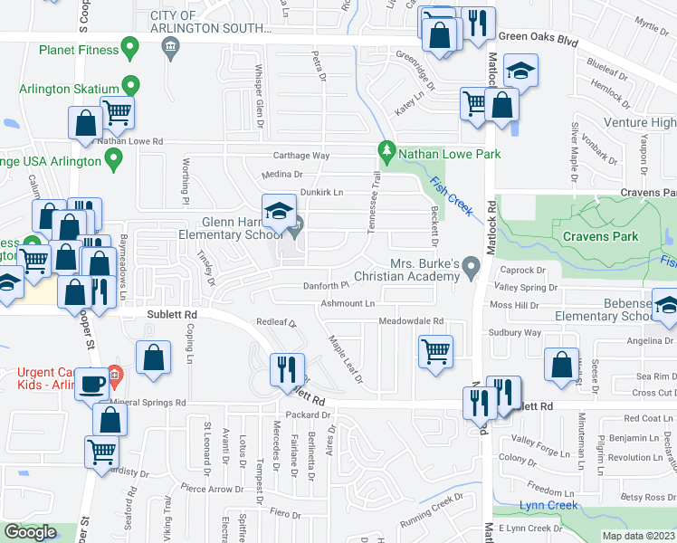 map of restaurants, bars, coffee shops, grocery stores, and more near 930 Tennessee Trail in Arlington