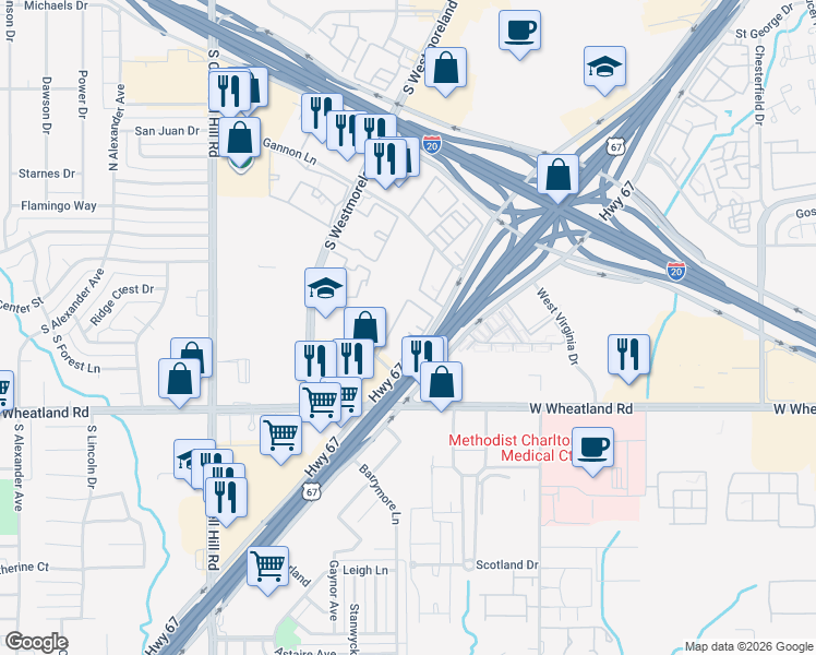 map of restaurants, bars, coffee shops, grocery stores, and more near 8081 Marvin D. Love Freeway in Dallas