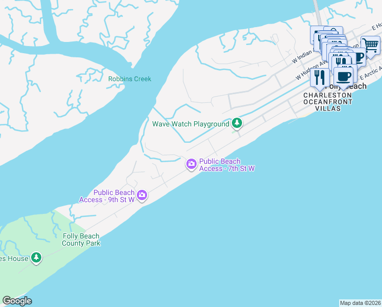 map of restaurants, bars, coffee shops, grocery stores, and more near 609 West Beach Court in Folly Beach