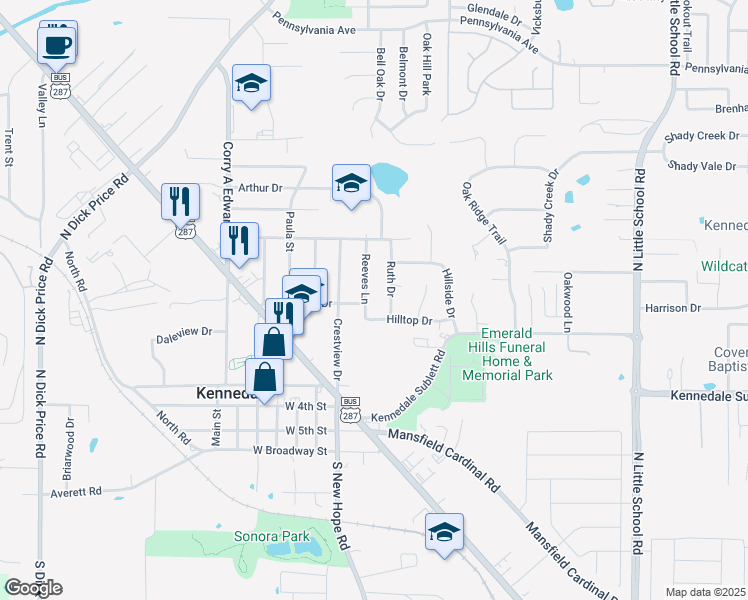 map of restaurants, bars, coffee shops, grocery stores, and more near 607 Ruth Drive in Kennedale