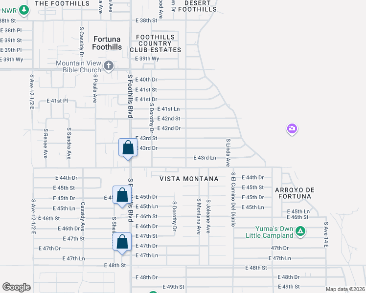 map of restaurants, bars, coffee shops, grocery stores, and more near 12382-12422 South El Camino Del Diablo in Yuma