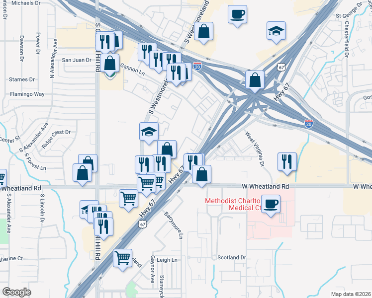 map of restaurants, bars, coffee shops, grocery stores, and more near 8081 Marvin D. Love Freeway in Dallas