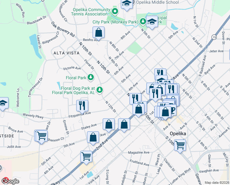 map of restaurants, bars, coffee shops, grocery stores, and more near 1000-1098 5th Avenue in Opelika