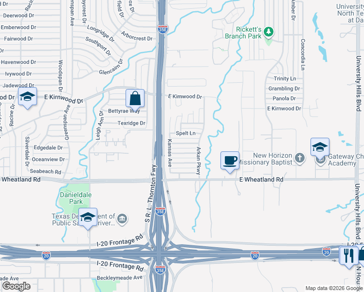 map of restaurants, bars, coffee shops, grocery stores, and more near 143 Bushel Lane in Dallas