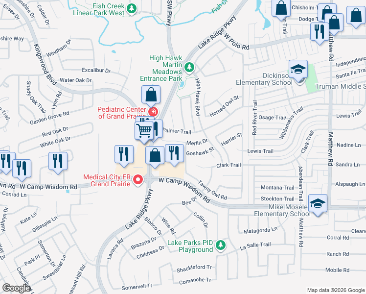 map of restaurants, bars, coffee shops, grocery stores, and more near 5003 Golden Eagle Drive in Grand Prairie