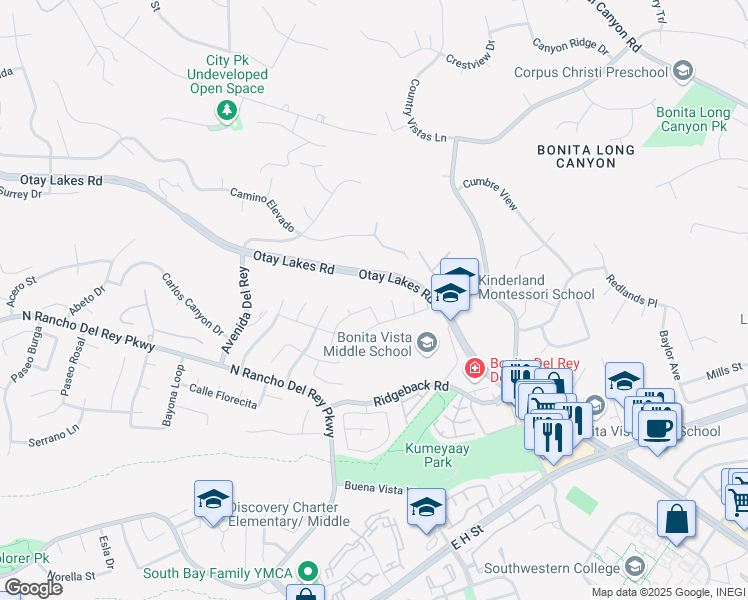 map of restaurants, bars, coffee shops, grocery stores, and more near 581 Via La Paloma in Chula Vista