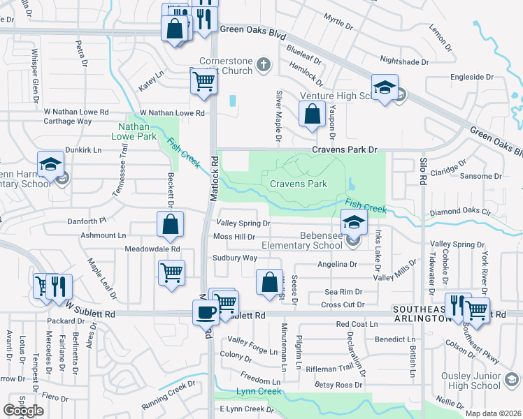 map of restaurants, bars, coffee shops, grocery stores, and more near 219 Caprock Drive in Arlington