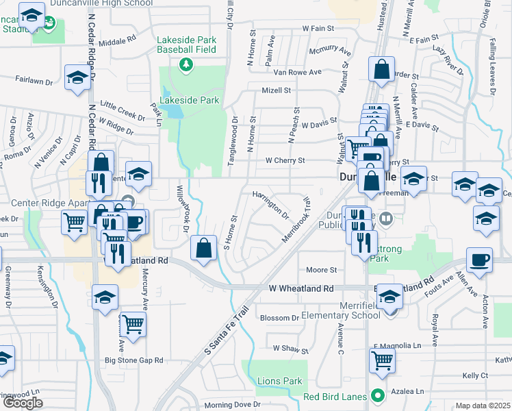 map of restaurants, bars, coffee shops, grocery stores, and more near 313 Merribrook Trail in Duncanville