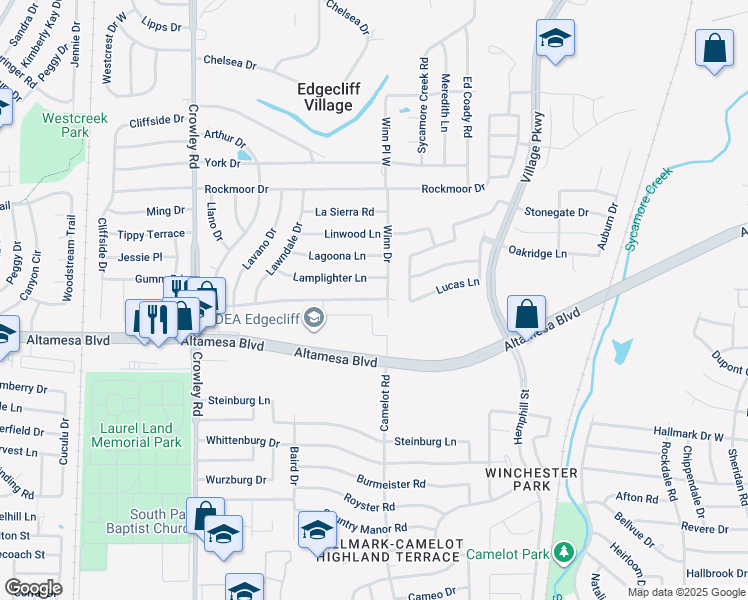 map of restaurants, bars, coffee shops, grocery stores, and more near in Edgecliff Village