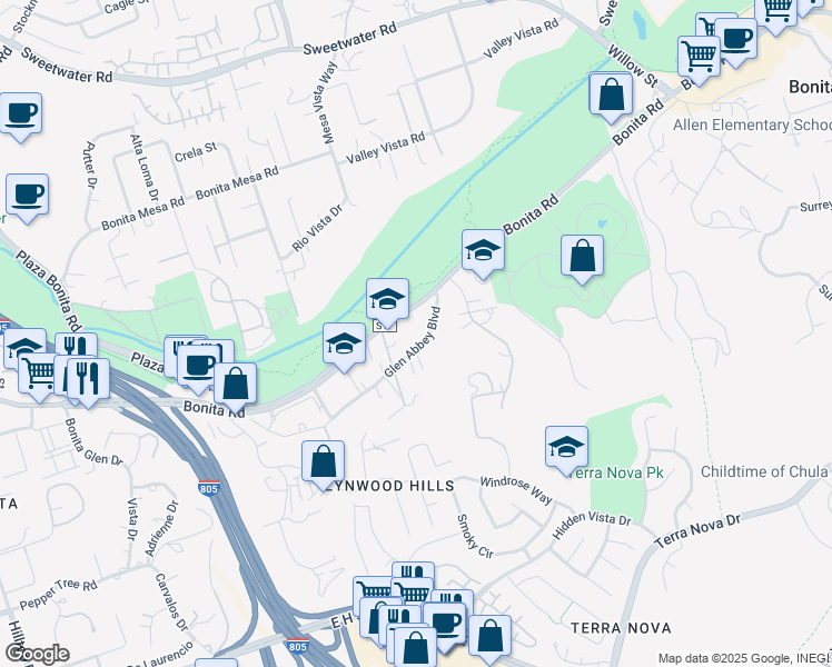 map of restaurants, bars, coffee shops, grocery stores, and more near 3434 Bonita Road in Chula Vista