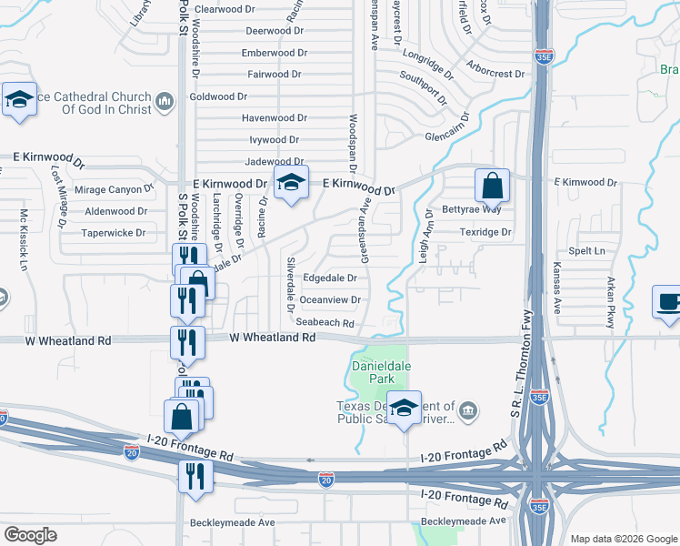 map of restaurants, bars, coffee shops, grocery stores, and more near 627 Edgedale Drive in Dallas