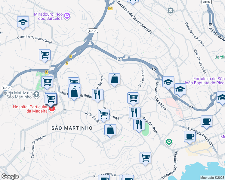 map of restaurants, bars, coffee shops, grocery stores, and more near 43 Caminho das Virtudes in Funchal