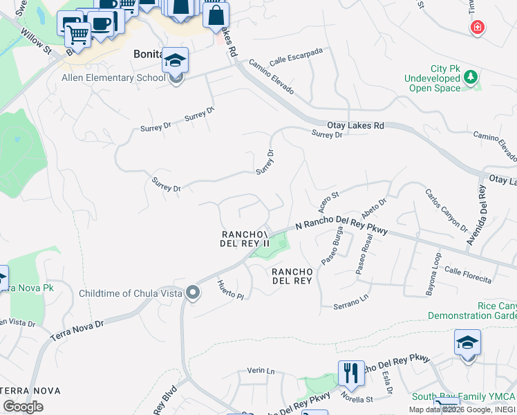 map of restaurants, bars, coffee shops, grocery stores, and more near 899 Carmona Court in Chula Vista