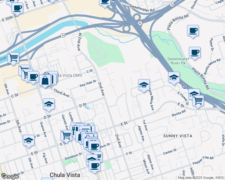 map of restaurants, bars, coffee shops, grocery stores, and more near 66 Las Flores Drive in Chula Vista