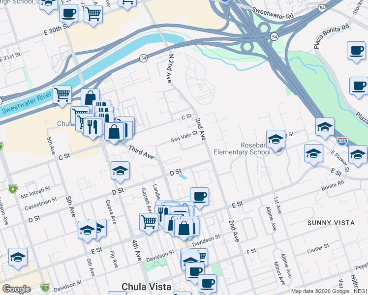 map of restaurants, bars, coffee shops, grocery stores, and more near 53 Del Mar Avenue in Chula Vista