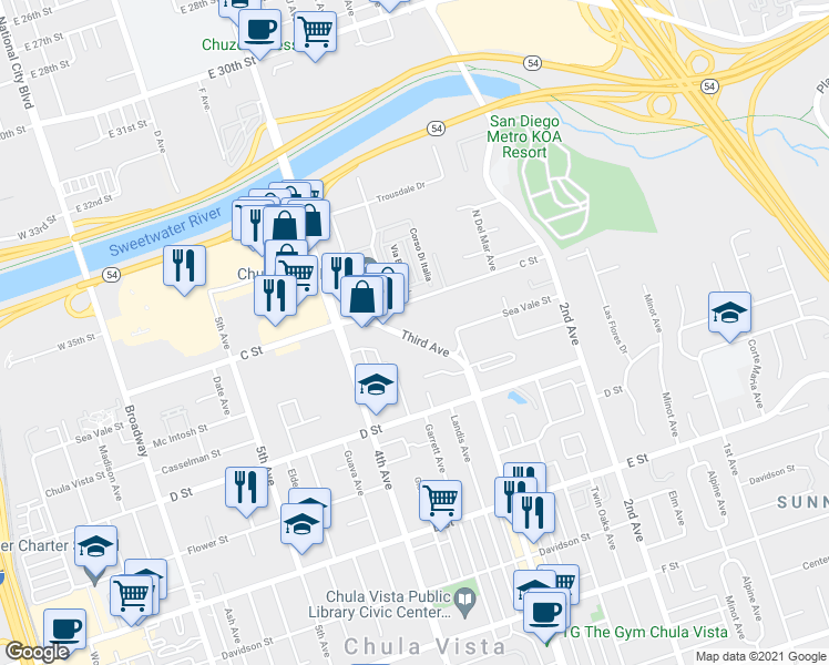 map of restaurants, bars, coffee shops, grocery stores, and more near 336 C Street in Chula Vista